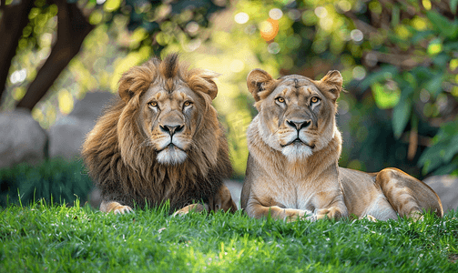 狮子和母狮坐在墨西哥动物园的草地上休息