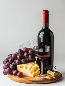 一瓶酒配葡萄和奶酪盘