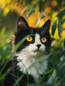 阳光明媚的日子树下草地上一只漂亮的黑白猫眼睛是黄色的