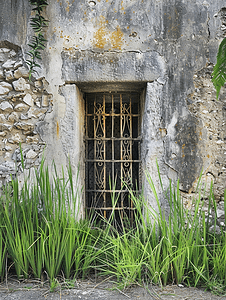 一扇门石墙上有一个格栅后面可以看到芦苇丛