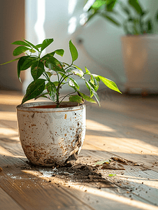 破碎的花盆损坏了卧室复合地板上的室内植物和污垢