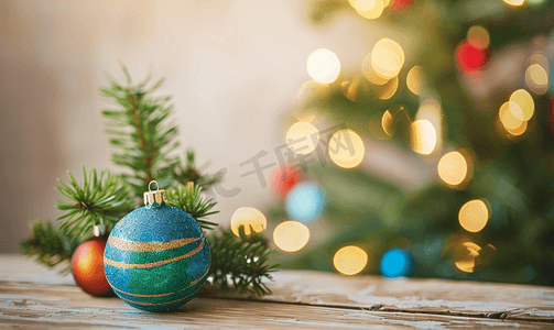 木桌上的圣诞树松枝背景上装饰着彩色球