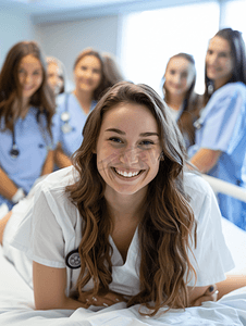 护士和女孩在医院的床上笑着
