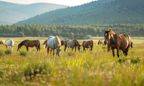 背景中马群和牛群在草地上吃草
