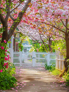 家门口摄影照片_门栅栏和春天自然色彩缤纷的春天背景家门口遏制吸引力