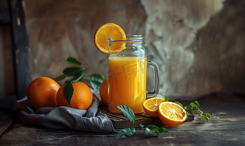 深色木桌上放着一罐新鲜橙汁和新鲜水果
