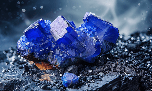 矿物岩石摄影照片_黑色花岗岩上的未加工的蓝铜矿矿物晶体