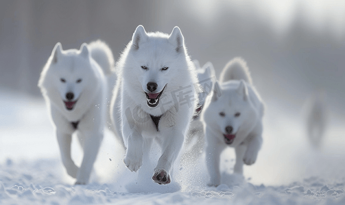 奔跑比赛摄影照片_萨摩耶雪橇犬比赛
