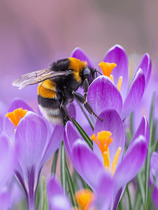 大黄蜂为紫色番红花授粉的特写镜头