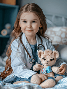 听诊器的女孩玩医生听娃娃女孩扮演医生