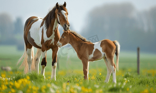 春日草地上可爱的小马和母马