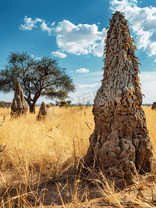 昆虫叶子摄影照片_非洲大草原上的白蚁丘