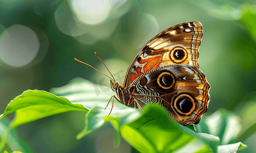 蝴蝶泼墨摄影照片_叶子上的棕色蝴蝶