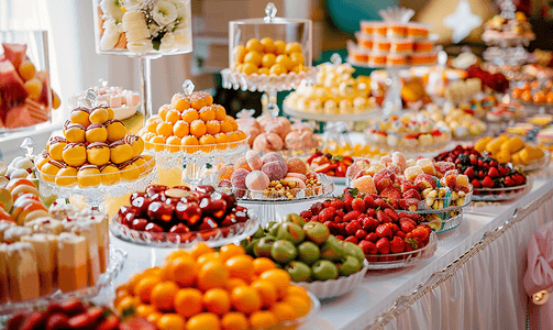 水果和摄影照片_漂亮的婚礼糖果吧配有糖果水果和食物婚宴桌