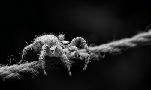 昆虫的眼睛摄影照片_黑白相间的十字蜘蛛在蜘蛛网上爬行万圣节惊魂