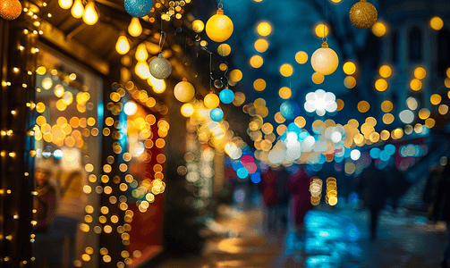 夜街上路灯模糊的圣诞背景