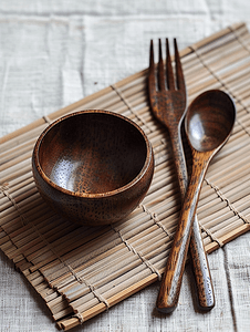 浅竹背上用天然木材制成的空深色木杯勺和叉