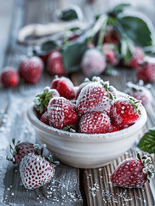 木桌白碗里的冷冻草莓上面覆盖着白霜