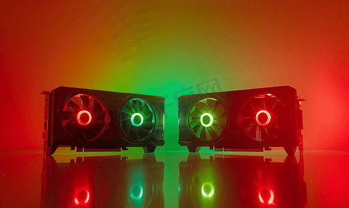 显卡海报摄影照片_红色和绿色霓虹灯的游戏显卡冷却器