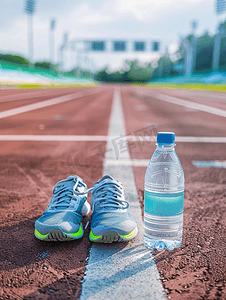跑道运动概念中的鞋子和瓶装水饮料