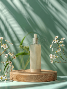 带木质讲台和绿色背景鲜花的化妆品瓶特写复制空间