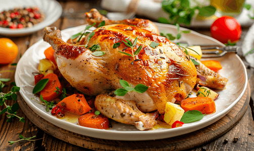 木制背景上烤的鸡肉上面有金色的外壳上面有蔬菜和香草