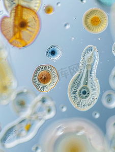 显微镜下水滴中的纤毛虫和变形虫