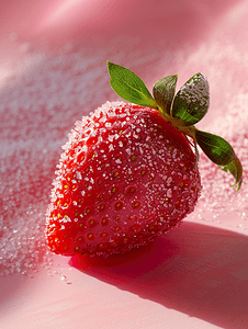 粉红色背景中带有冰晶的冷冻草莓
