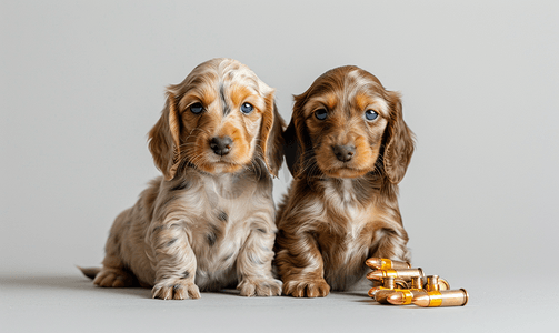 两只大理石色的可爱小腊肠犬小狗坐在一起带着子弹带和弹药筒
