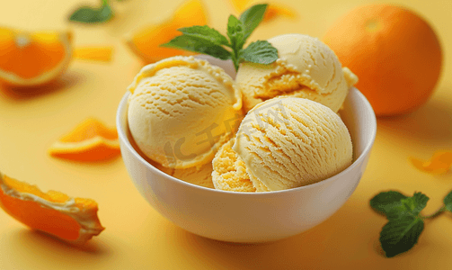 野果冰淇淋摄影照片_在桌上吃橙味冰淇淋