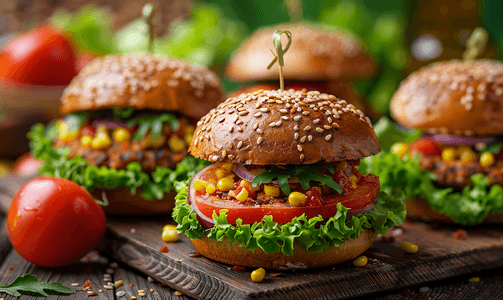 木质背景下的素食汉堡配有玉米沙拉和番茄植物性食品概念