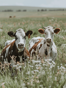 春日田野里可爱的斑点牛