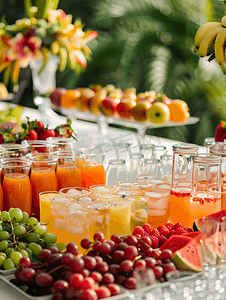 自助餐桌上摆放着水果和果汁以及果汁饮料
