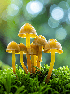 一群年轻的蜜环菌蘑菇在绿色的苔藓中