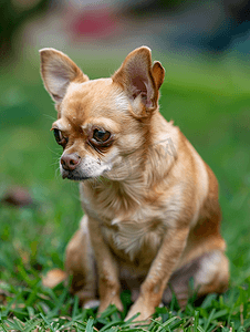 悲伤的表情摄影照片_悲伤的吉娃娃狗坐在花园的绿草上眼里含着泪水哭泣