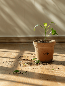 破碎的花盆损坏了卧室复合地板上的室内植物和污垢