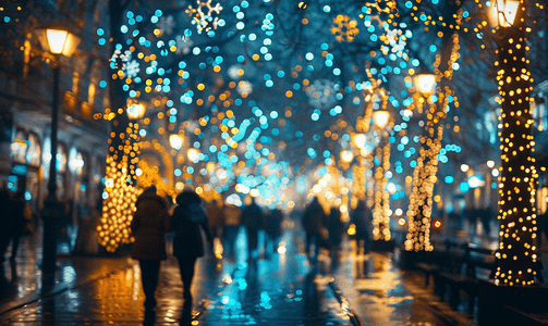 夜街上路灯模糊的圣诞背景