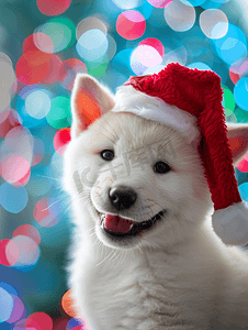 圣诞白色背景摄影照片_一只白色的柴犬小狗戴着红色的圣诞帽背景是色彩缤纷的散景