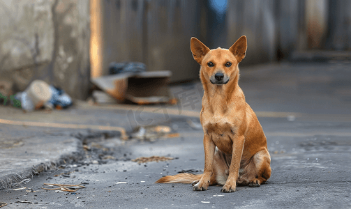 狗生病摄影照片_狗守卫入口工业区内的流浪狗街上的动物
