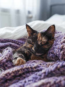 紫色猫摄影照片_可爱的龟甲猫正躺在床上的紫色毯子上