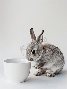 灰色大耳朵兔子摄影照片_兔子从杯子里吃食物