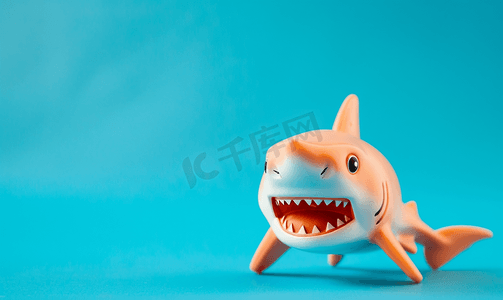 玩具蓝色摄影照片_蓝色背景中的露齿鲨鱼玩具有自由空间