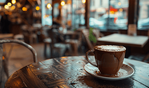 咖啡馆桌上的热巧克力可可饮料