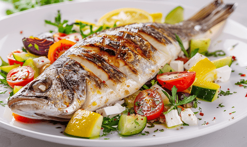 美食通用模板摄影照片_烤鲈鱼配希腊沙拉