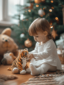 棕色的圣诞背景摄影照片_孩子在棕色衣服上玩着可爱的小圣诞老虎玩具穿着白色连衣裙