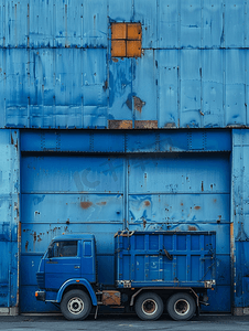 复古蓝边框摄影照片_老蓝门工业区细节卡车运输蓝钢墙