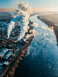 工业烟囱摄影照片_宽阔河流岸边的木工工厂烟管空中全景图