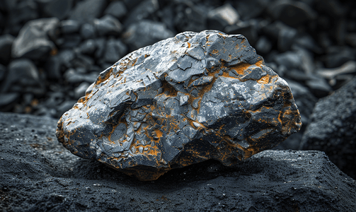 黑色花岗岩上的未加工赤铁矿矿石