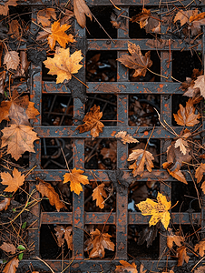 干树叶摄影照片_生锈的下水道格栅上覆盖着各种干落叶和树枝