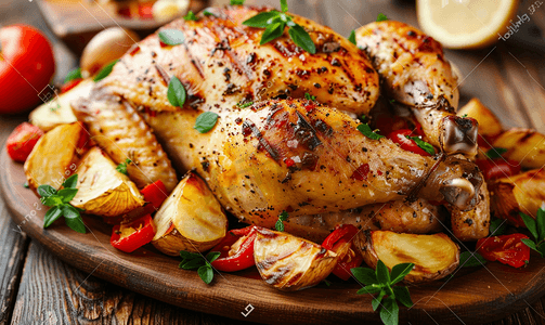 木制背景上烤的鸡肉上面有金色的外壳上面有蔬菜和香草